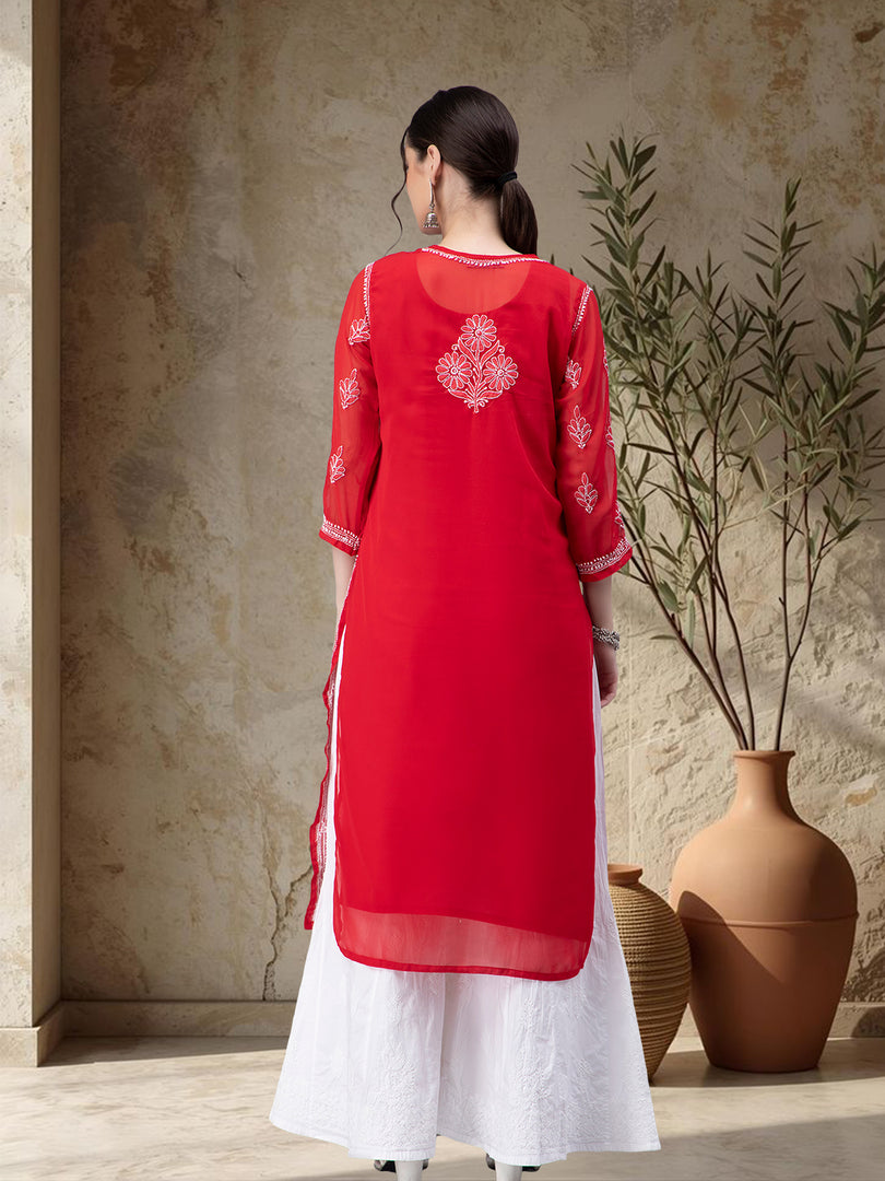 Seva Chikan Hand Embroidered Georgette Chikankari Kurta With Matching Slip