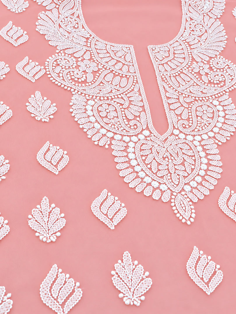 Seva Chikan Hand Embroidered Peach Georgette Lucknowi Chikankari Unstitched Suit Piece-SEV15048