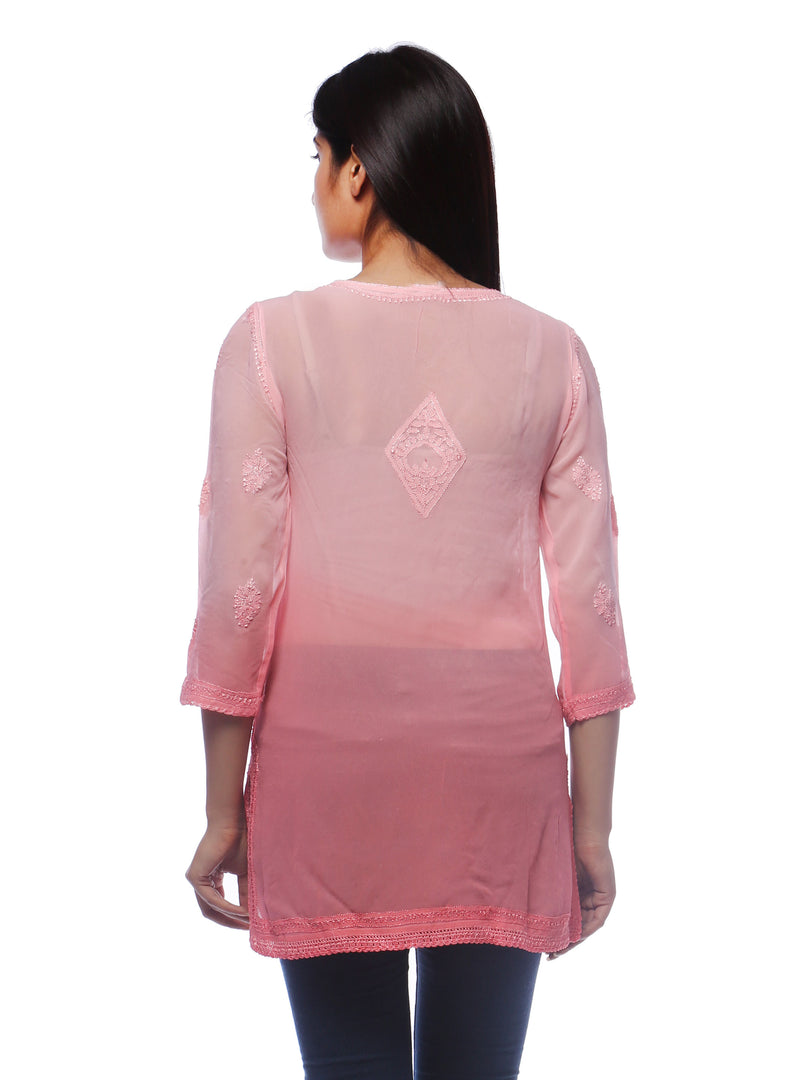 Seva Chikan Hand Embroidered Peach Viscose Georgette Lucknowi Chikankari Short Top-SCL0509