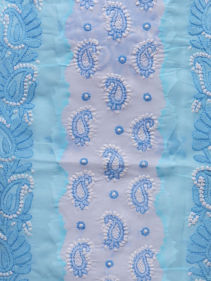 Seva Chikan Hand Embroidered White/Blue Cotton Lucknowi Chikankari Unstitched Suit Piece -SCL0015