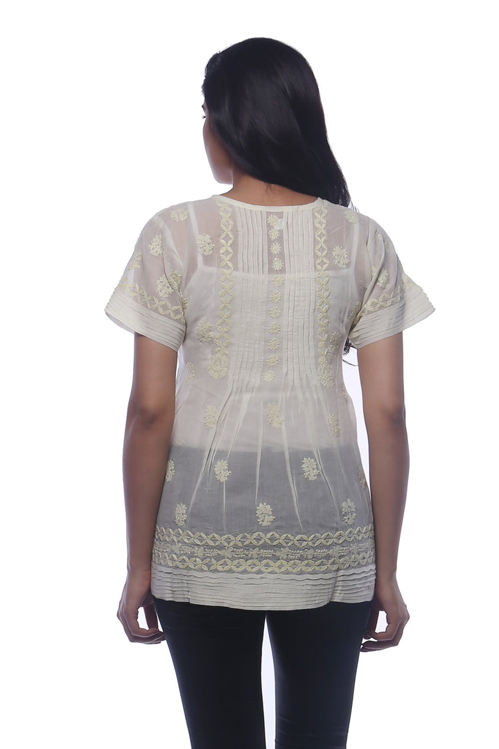 Seva Chikan Hand Embroidered Lemon Cotton Lucknowi Chikankari Short Top- SCL0157
