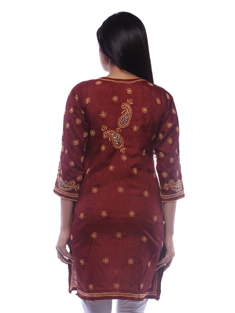 Seva Chikan Hand Embroidered Red Cotton Lucknowi Chikan Kurti-SCL0218