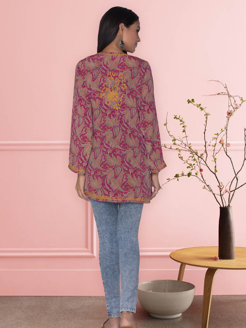 Seva Chikan Hand Embroidered Pink Rayon Lucknowi Chikan Short Kurti SCL1048