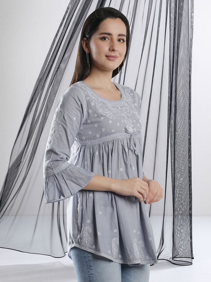 Seva Chikan Hand Embroidered Cotton Lucknowi Chikan Short Top