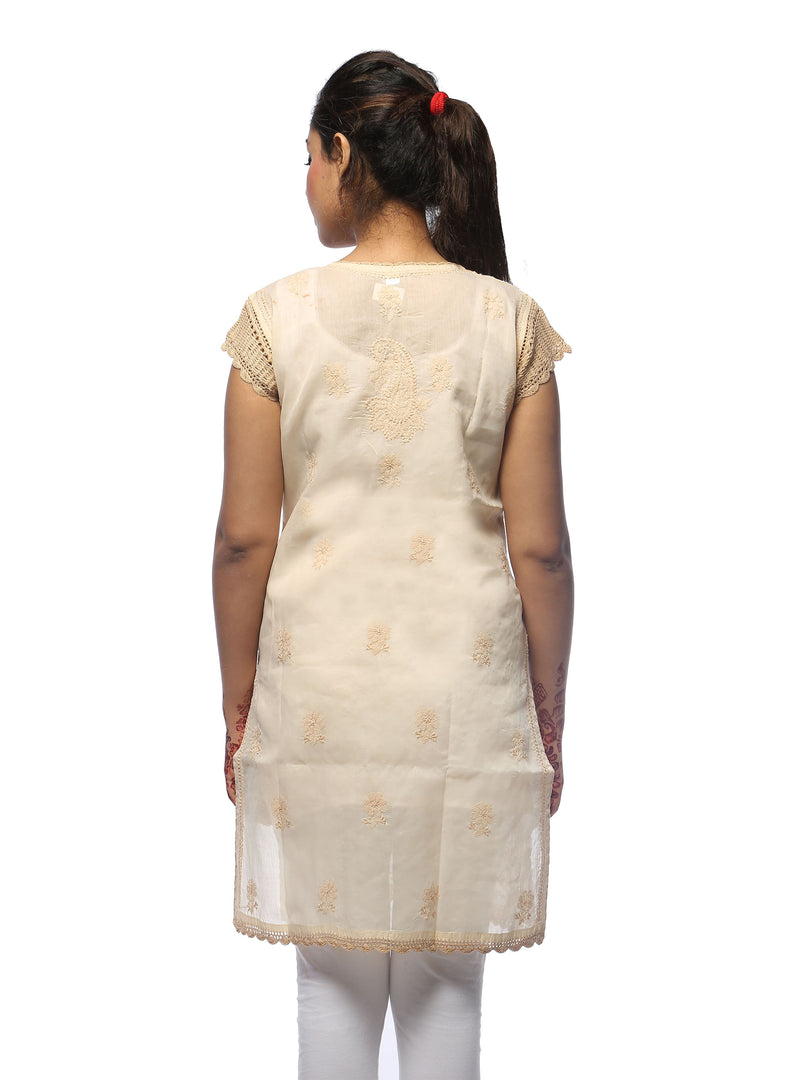 Seva Chikan Hand Embroidered Beige Cotton Lucknowi Chikan Kurta-SCL0645
