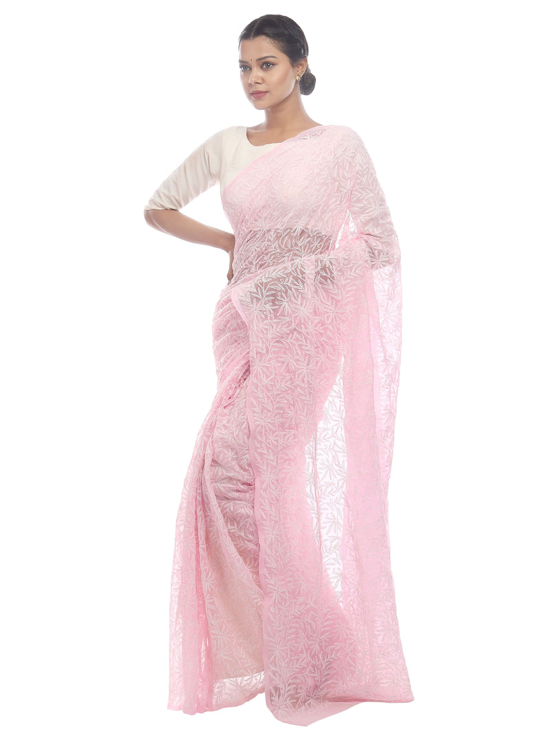 Seva Chikan Hand Embroidered Pink Georgette Lucknowi Saree-SCL2450