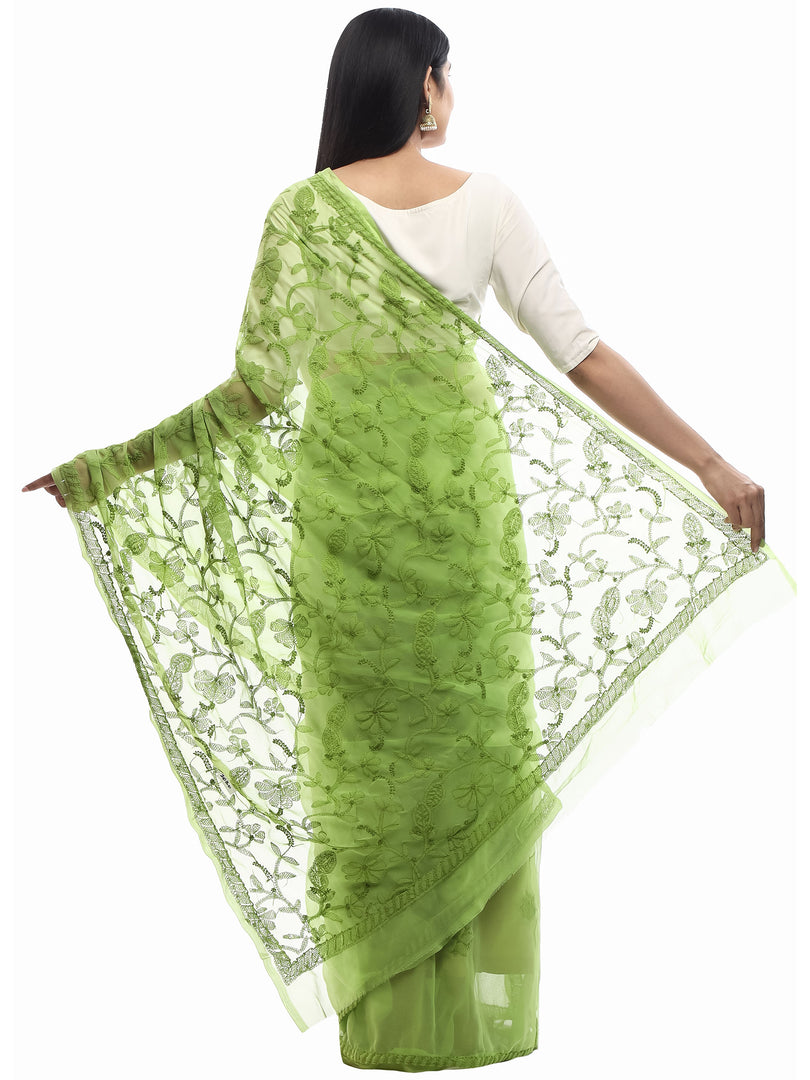 Seva Chikan Hand Embroidered Green Georgette Lucknowi Saree-SCL1994
