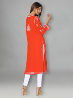 Load image into Gallery viewer, Seva Chikan Hand Embroidered Red Faux Georgette Lucknowi Chikankari Kurta-SCL0968
