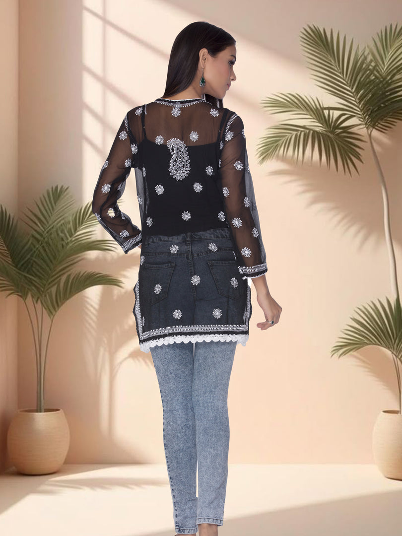 Seva Chikan Hand Embroidered Black Georgette Lucknowi Chikankari Short Top SCL1081