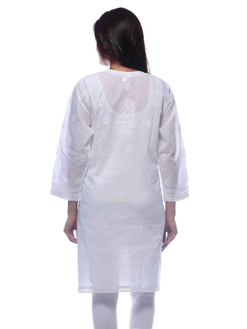 Seva Chikan Hand Embroidered White Cotton Lucknowi Chikan Kurti-SCL0301