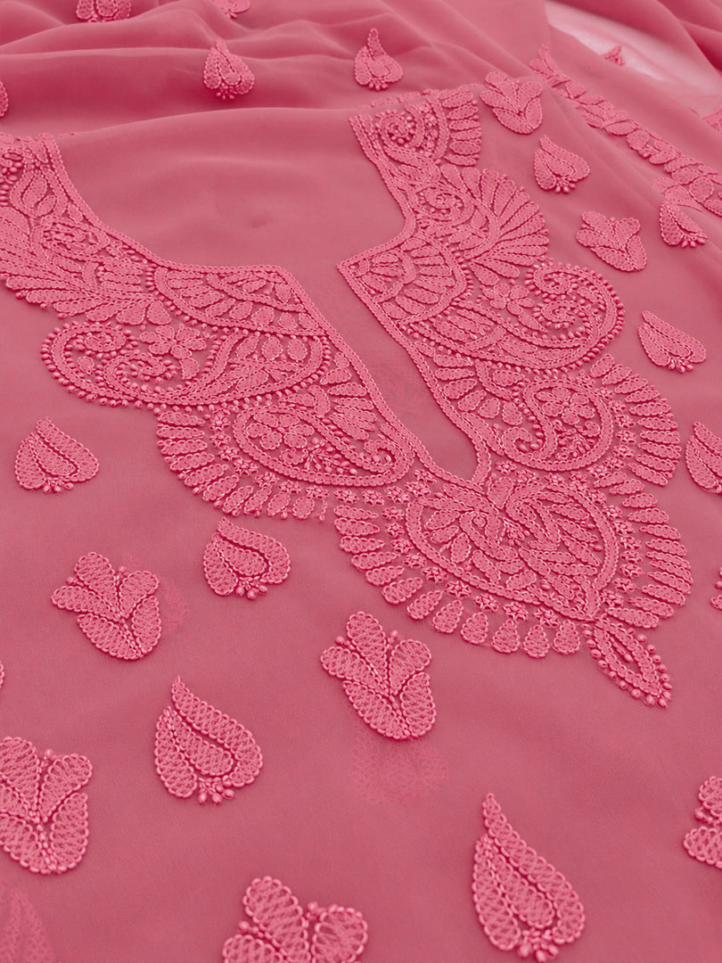 Seva Chikan Hand Embroidered Carrot Pink Georgette Lucknowi Chikankari Unstitched Suit Piece-SEV15033