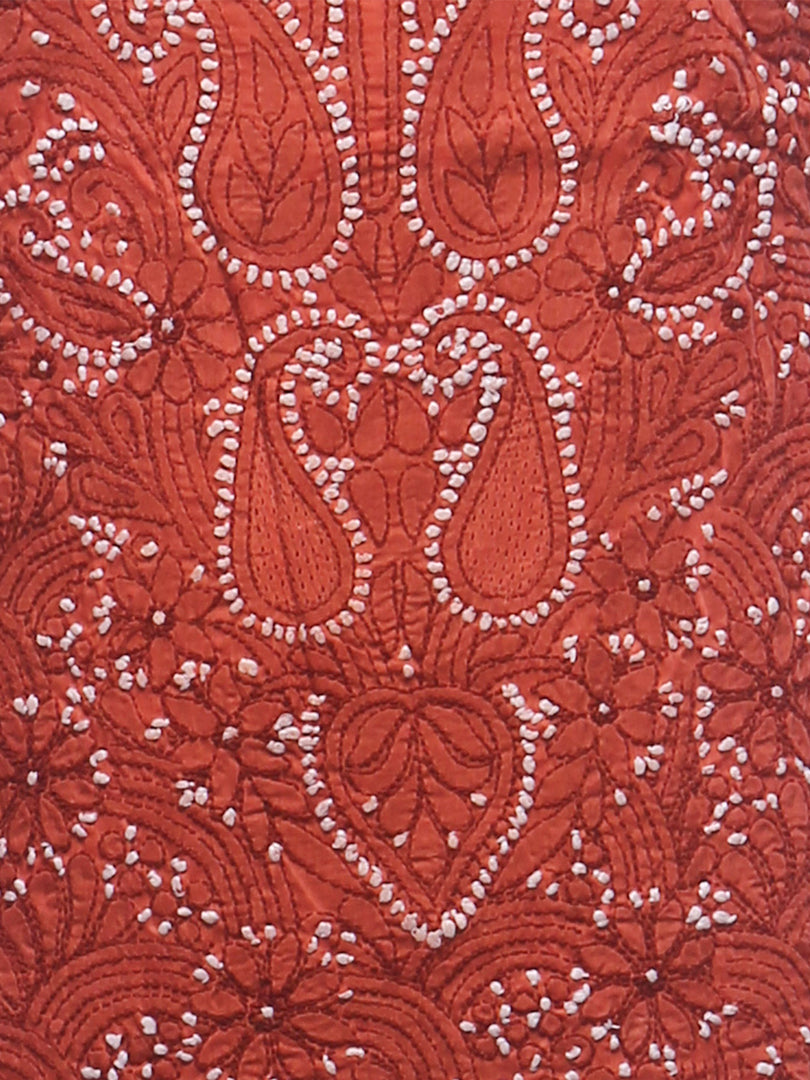 Seva Chikan Hand Embroidered Rust Orange Cotton Lucknowi Chikankari Unstitched Suit Piece -SCL0017