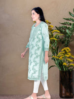 Load image into Gallery viewer, Seva Chikan Hand Embroidered Turquoise Cotton Lucknowi Chikan Kurti SCL1226
