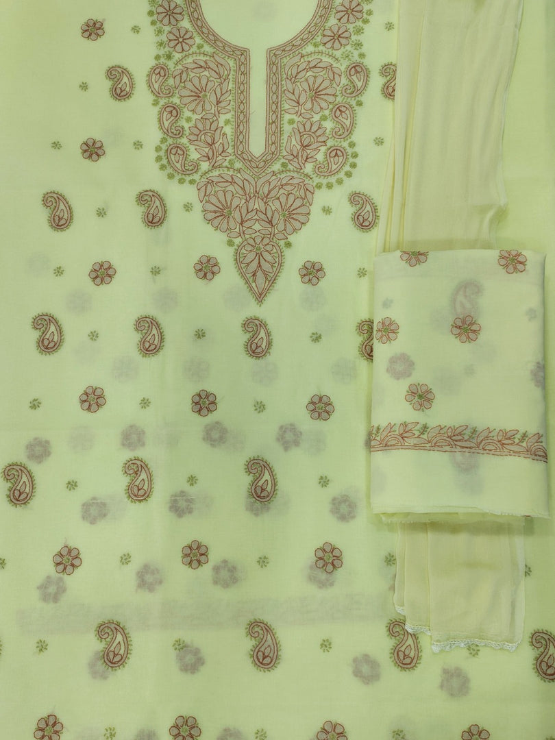Seva Chikan Hand Embroidered Lemon Cotton Lucknowi Chikankari Unstitched Suit Piece-SEV15001