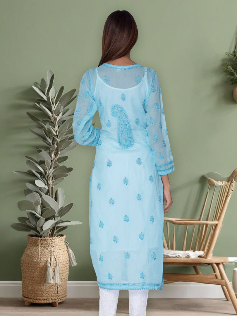 Seva Chikan Hand Embroidered Sky Blue Cotton Lucknowi Chikan Kurti SCL1043