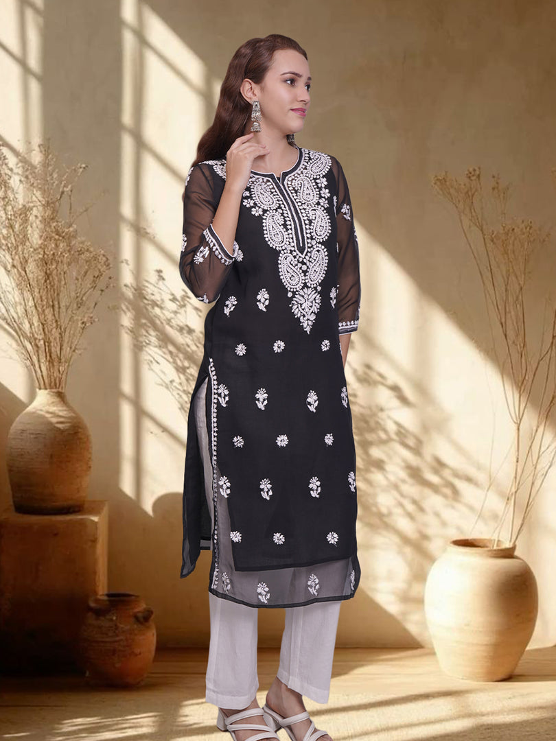 Seva Chikan Hand Embroidered Georgette Lucknowi Chikankari Kurta With Slip