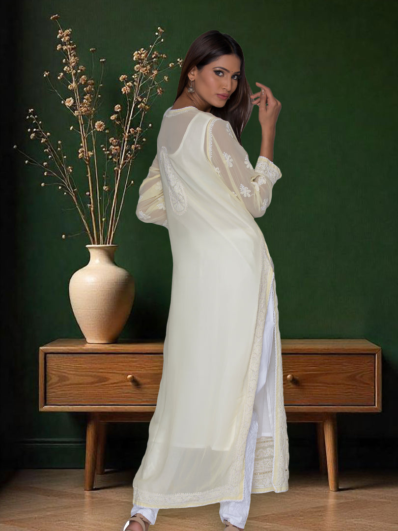 Seva Chikan Hand Embroidered Off-White Georgette Lucknowi Chikan Kurti SCL1070