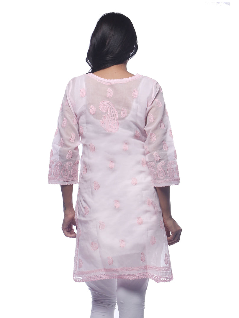 Seva Chikan Hand Embroidered Pink Cotton Lucknowi Chikan Kurti-SCL0324