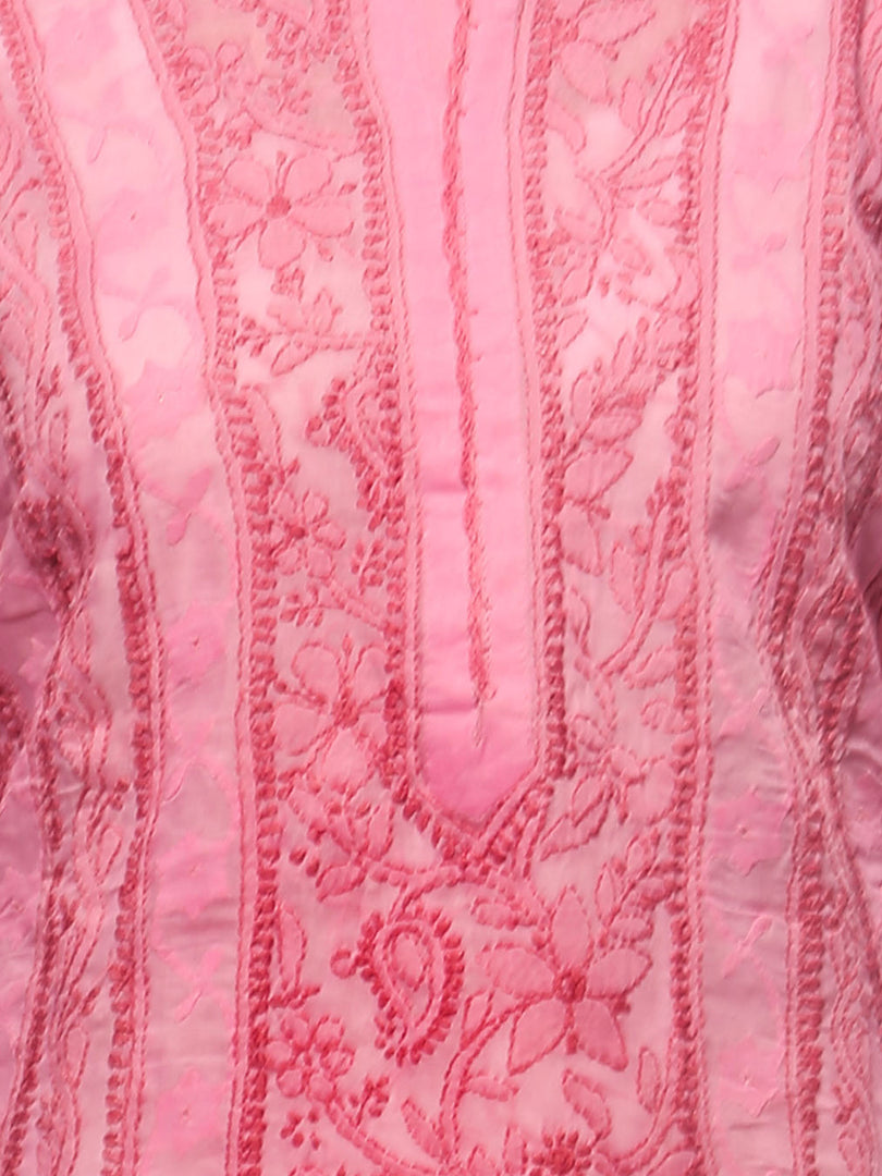 Seva Chikan Hand Embroidered Pink Cotton Lucknowi Chikankari Anarkali-SCL0633
