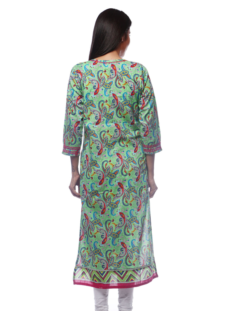 Seva Chikan Hand Embroidered Green Cotton Lucknowi Chikan Kurti-SCL0203