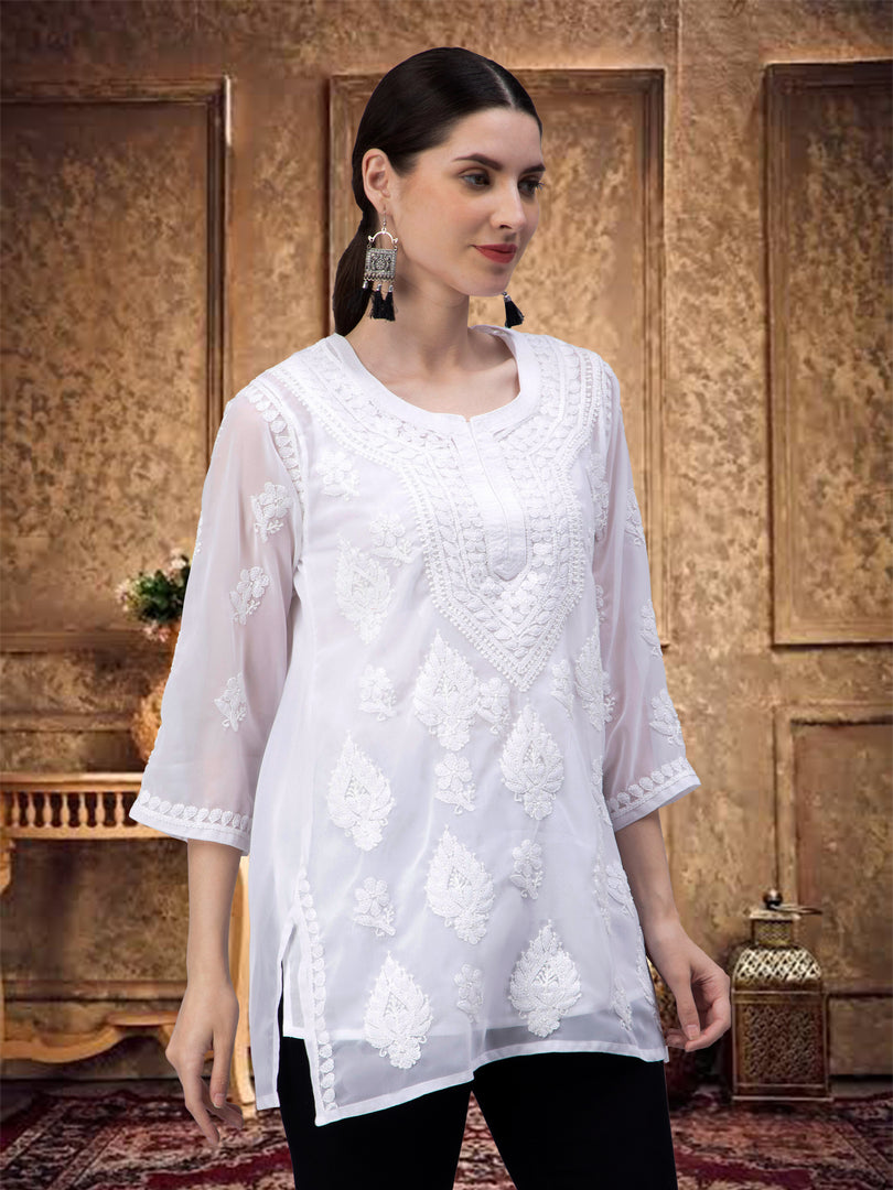 Seva Chikan Hand Embroidered Georgette Lucknowi Chikankari Top With Slip