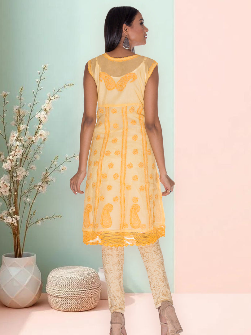 Seva Chikan Hand Embroidered Yellow Cotton Kurti Lucknow SCL1002
