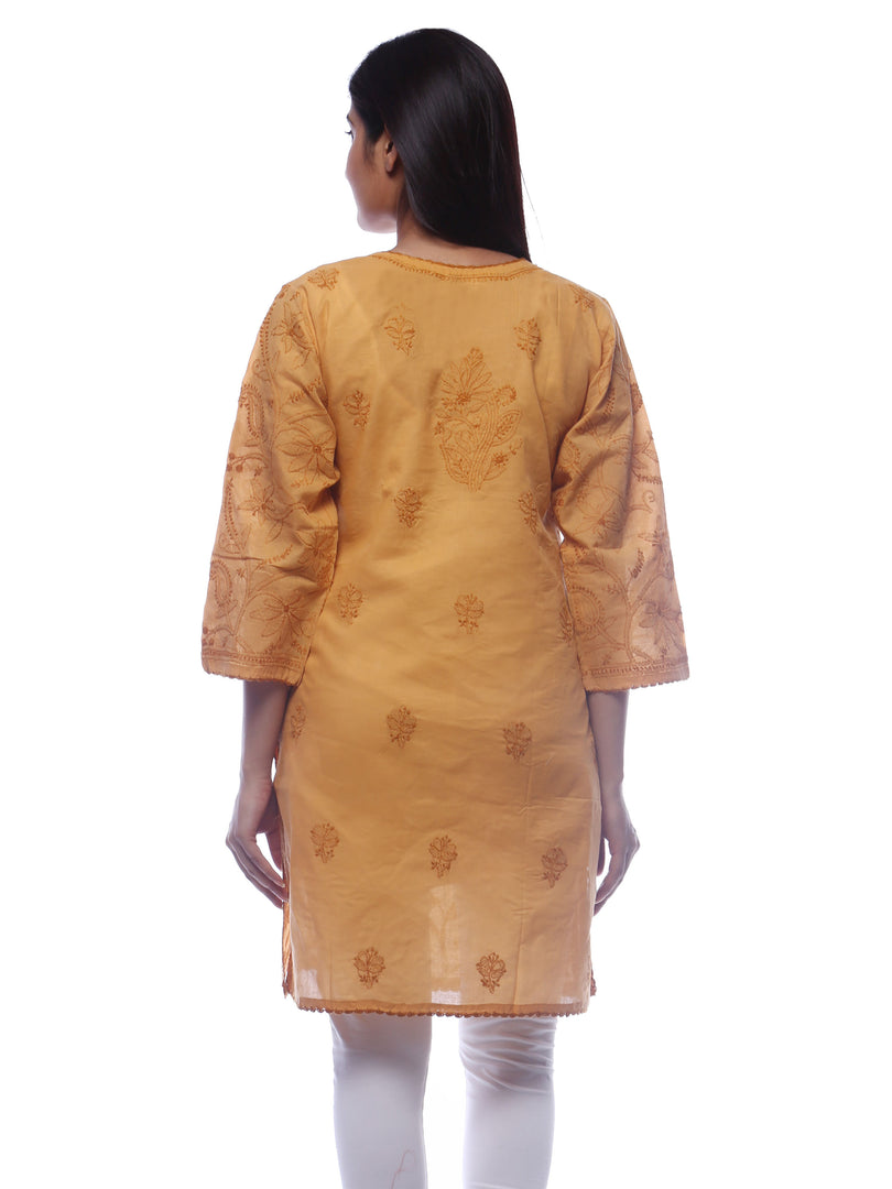 Seva Chikan Hand Embroidered Mustard Cotton Lucknowi Chikan Kurti-SCL0255