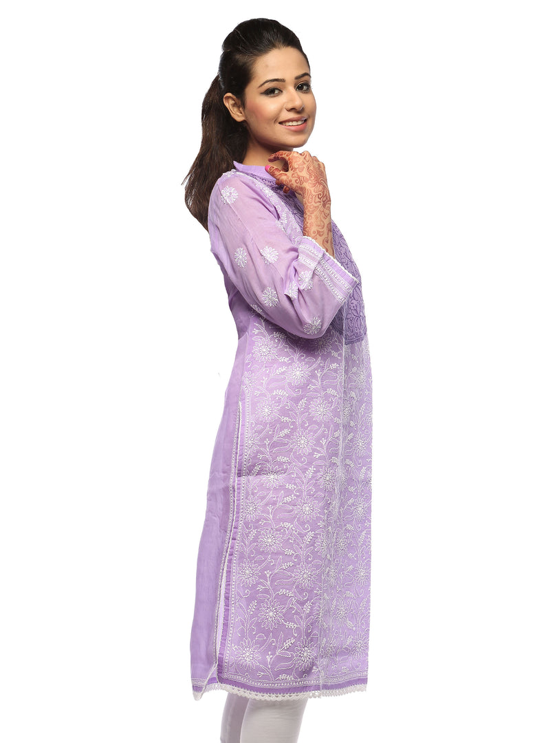 Seva Chikan Hand Embroidered Purple Cotton Lucknowi Chikan Kurta-SCL0644
