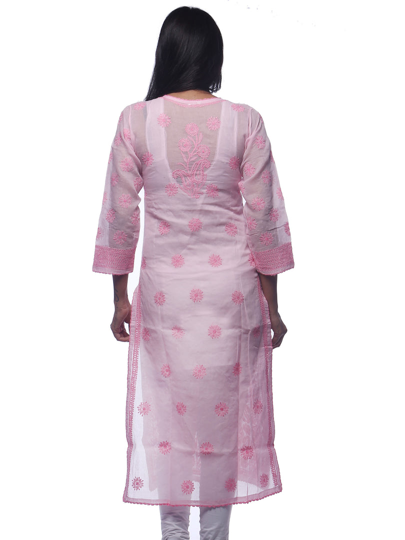 Seva Chikan Hand Embroidered Pink Cotton Lucknowi Chikan Kurti-SCL0258