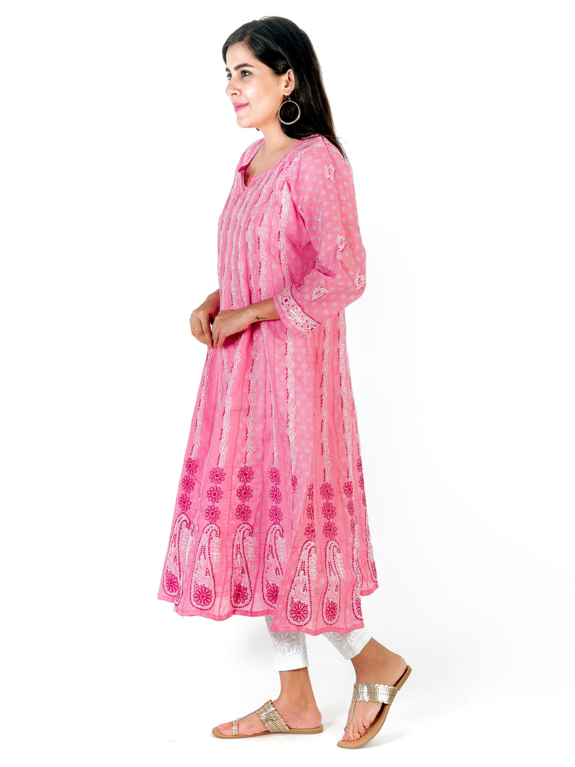 Seva Chikan Hand Embroidered Pink Cotton Lucknowi Chikankari Anarkali-SCL1239