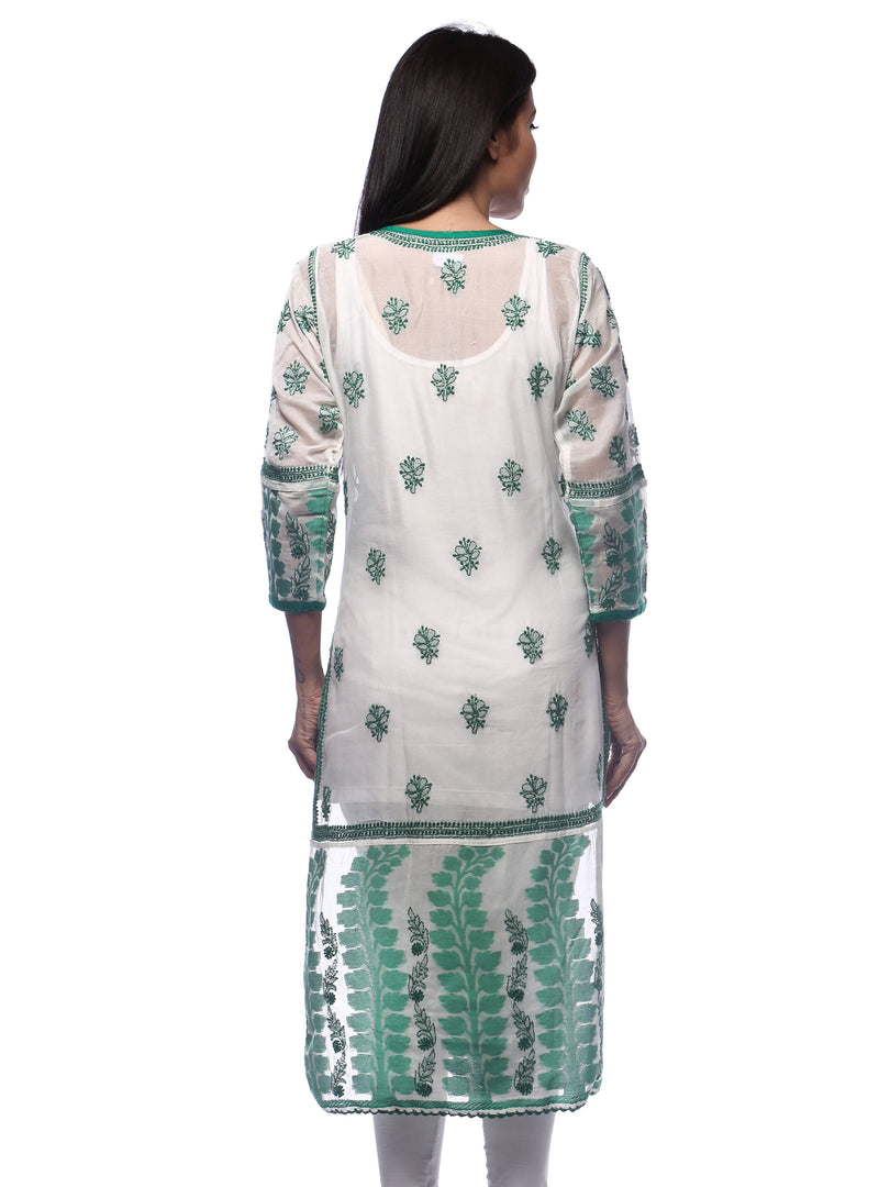 Seva Chikan Hand Embroidered White Chanderi Silk Lucknowi Chikan Kurti-SCL0250