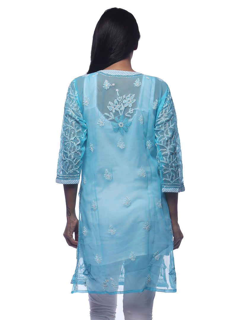 Seva Chikan Hand Embroidered Blue Georgette Lucknowi Chikan Kurti With Slip-SCL0212