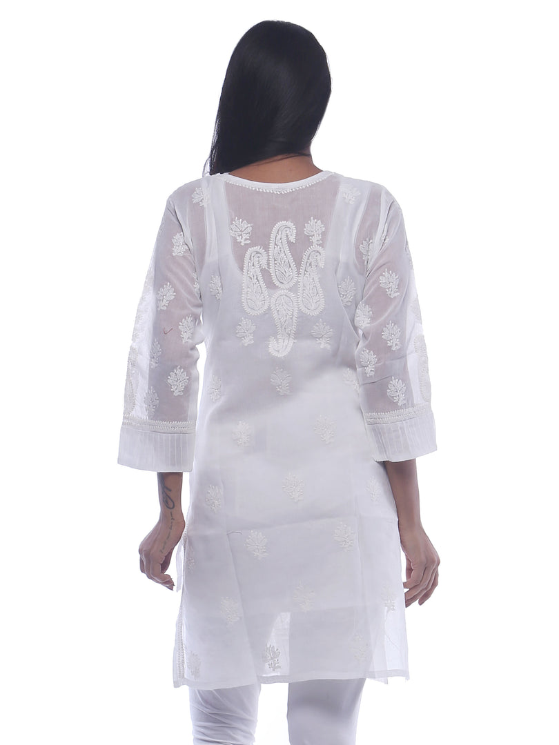 Seva Chikan Hand Embroidered White Cotton Lucknowi Chikan Kurti-SCL0217