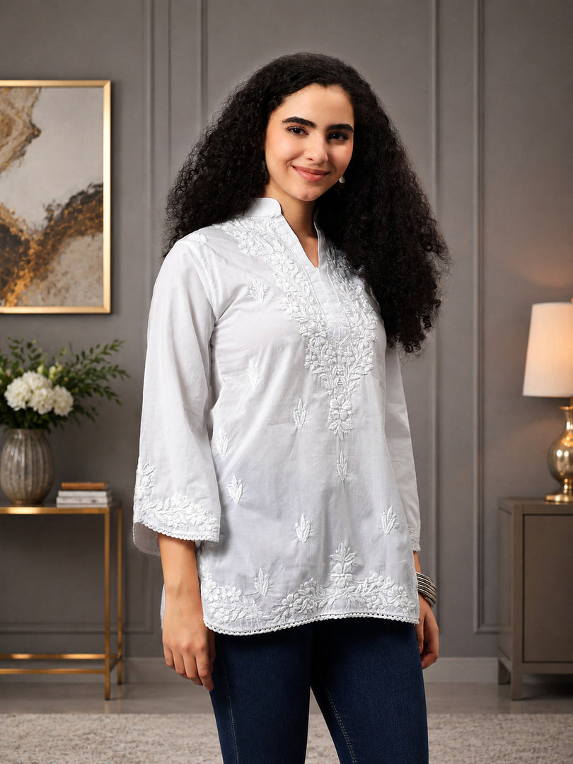 Seva Chikan Hand Embroidered White Cotton Lucknowi Chikankari Top SEV2001