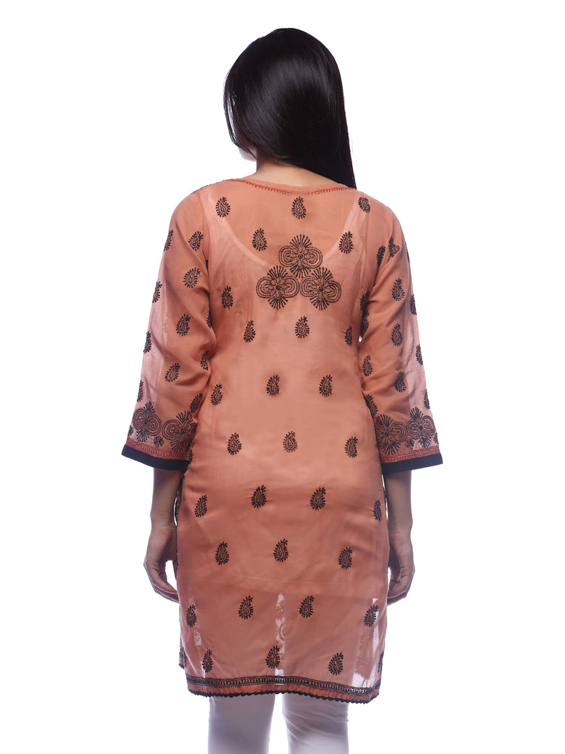 Seva Chikan Hand Embroidered Brown Cotton Lucknowi Chikan Kurti-SCL0315