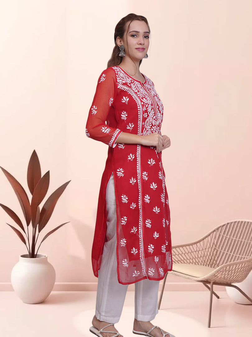 Seva Chikan Hand Embroidered Georgette Lucknowi Chikankari Kurta With Slip