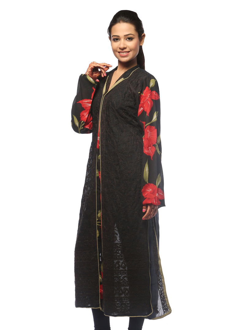 Seva Chikan Hand Embroidered Black Cotton Lucknowi Chikan Kurta-SCL0665