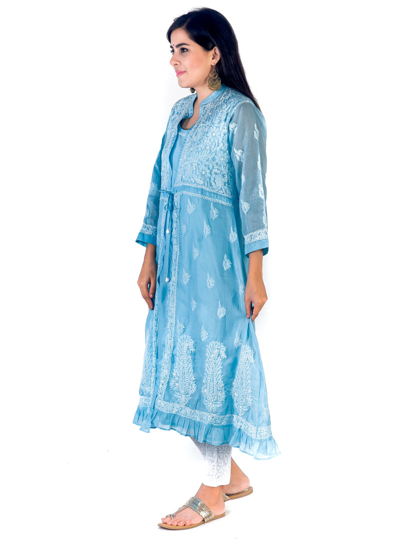 Seva Chikan Hand Embroidered Sky Blue Cotton Lucknowi Chikankari Sarag-SCL1368