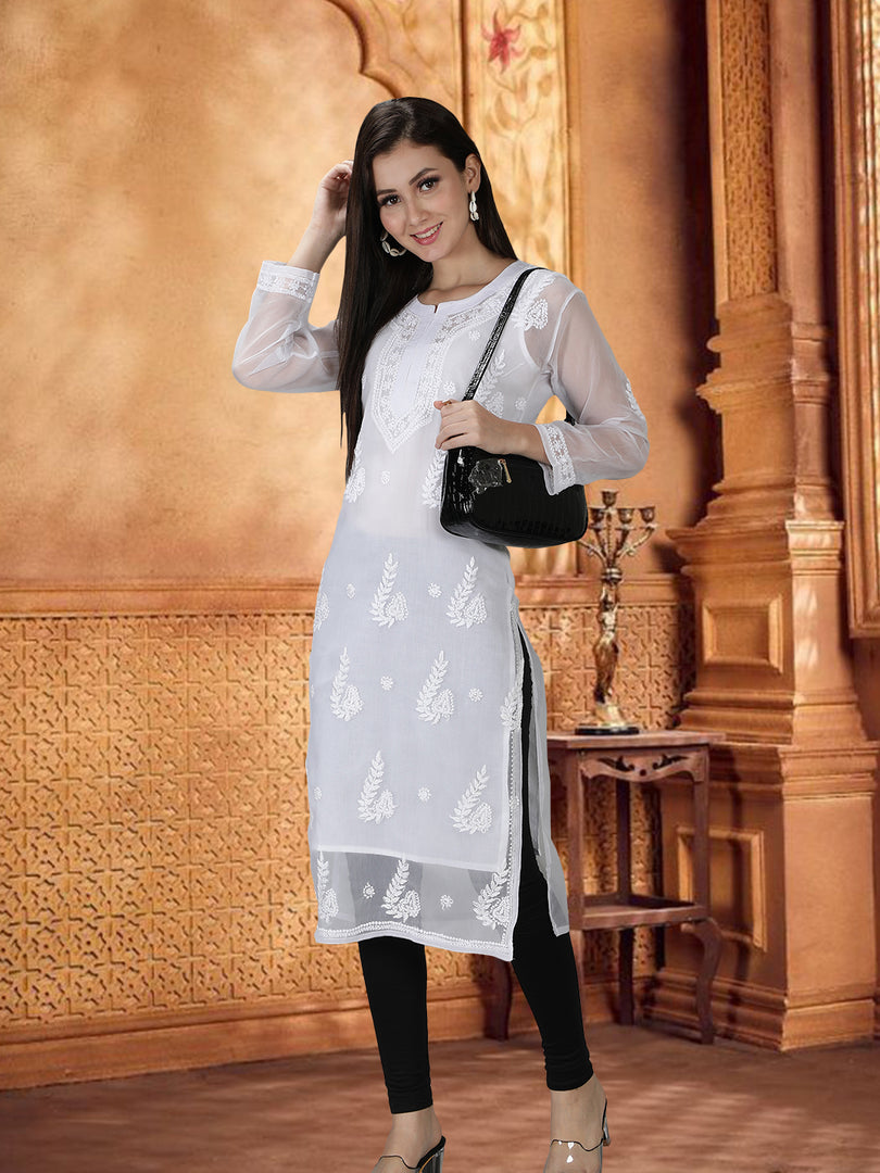 Seva Chikan Hand Embroidered Georgette Lucknowi Chikankari Kurta With Slip
