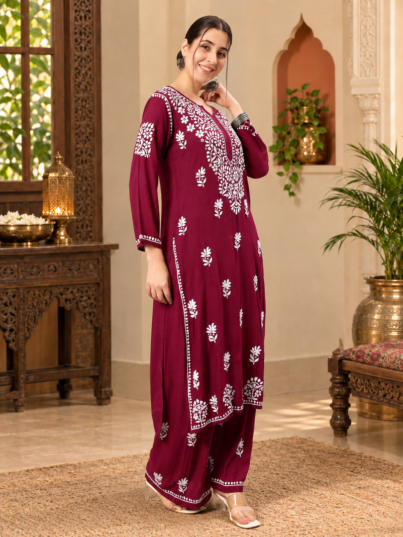 Seva Chikan Hand Embroidered Rayon Lucknowi Chikankari Kurta Set