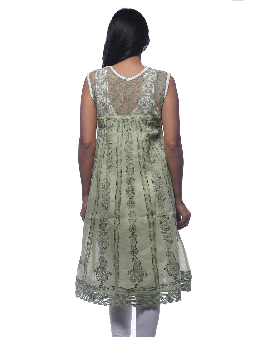 Seva Chikan Hand Embroidered Dark Green Cotton Lucknowi Chikankari Anarkali-SCL0240