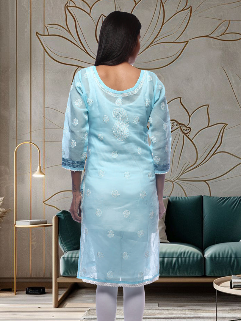 Seva Chikan Hand Embroidered Blue Cotton Lucknowi Chikan Kurti SCL0245