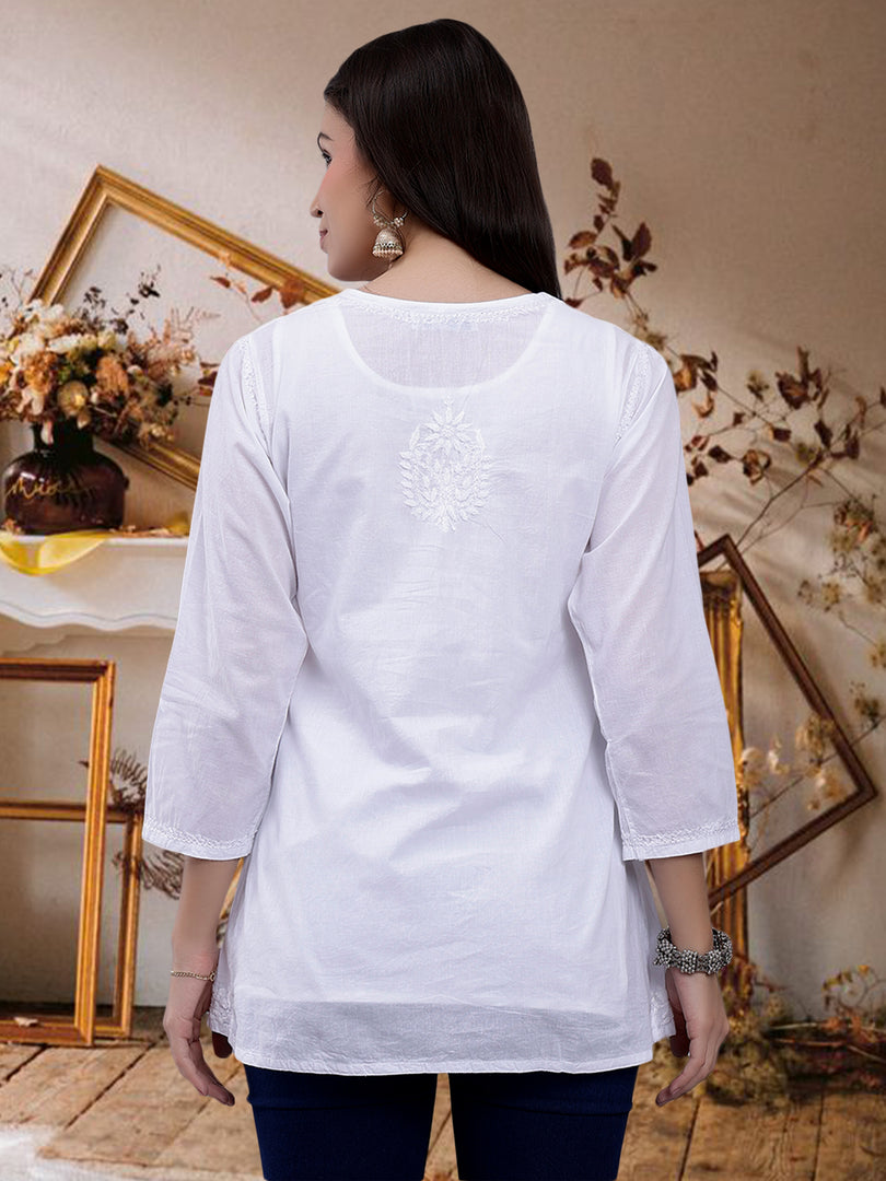 Seva Chikan Hand Embroidered White Cotton Lucknowi Chikankari Top SCL9106