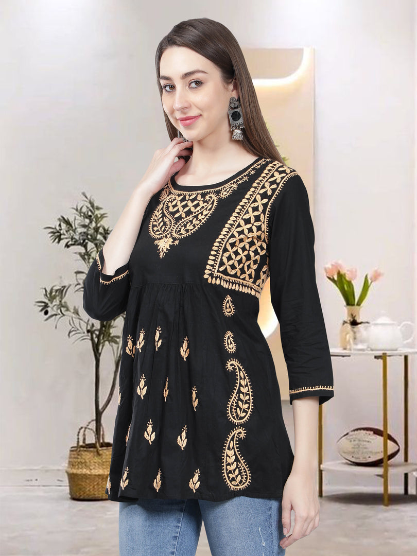 Seva Chikan Hand Embroidered  Black Cotton Lucknowi Chikankari Top