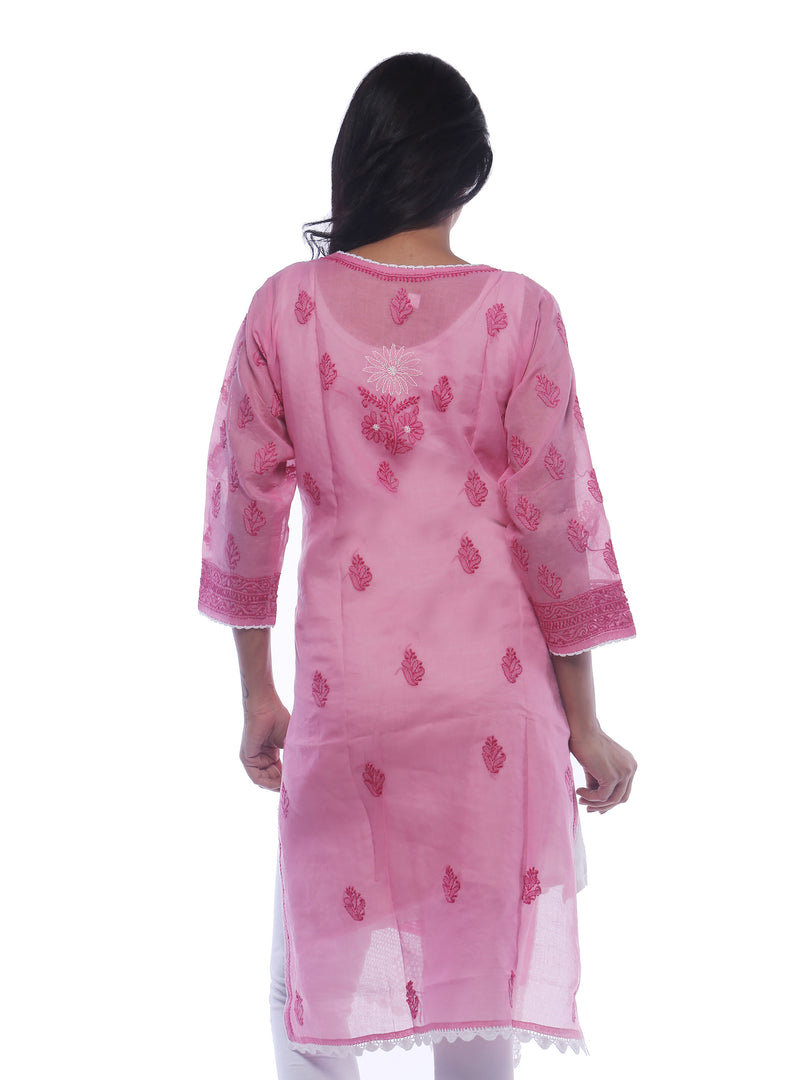 Seva Chikan Hand Embroidered Dark Pink Cotton Lucknowi Chikan Kurti-SCL0228