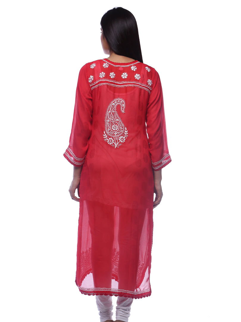 Seva Chikan Hand Embroidered Red Faux Georgette Lucknowi Chikan Kurti-SCL0281