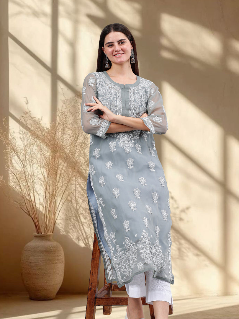 Seva Chikan Hand Embroidered Georgette Lucknowi Chikankari Kurta With Inner