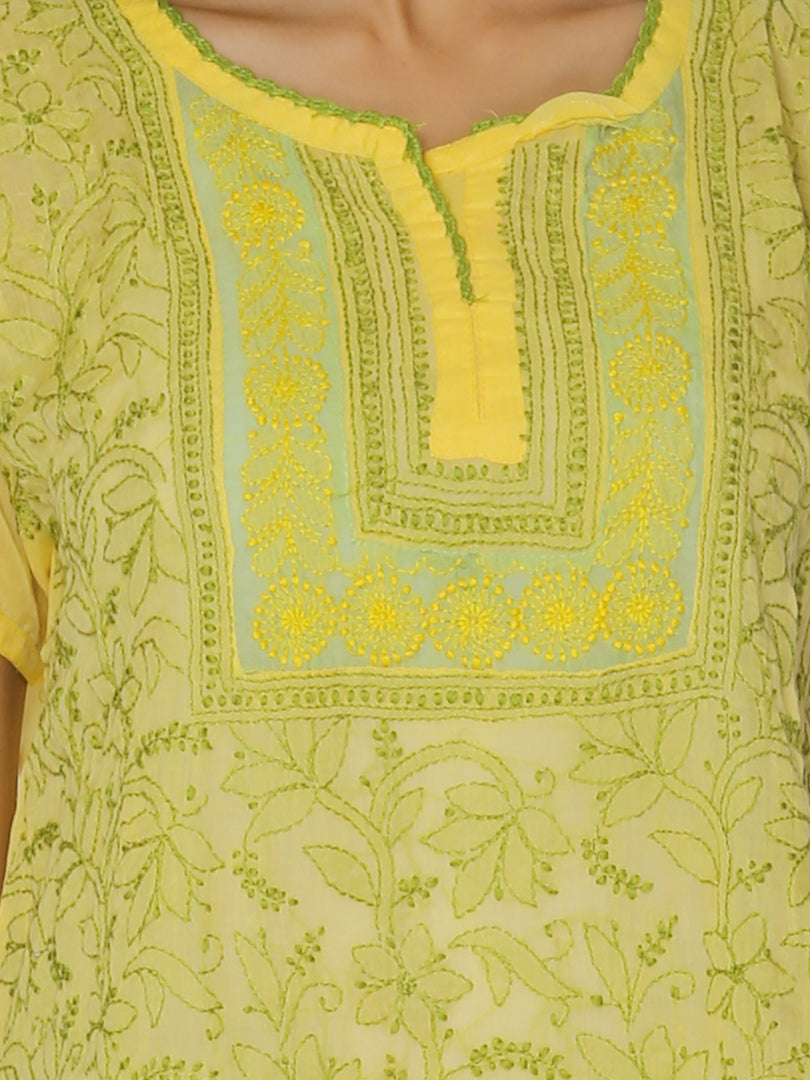 Seva Chikan Hand Embroidered Yellow Cotton Lucknowi Chikan Short Kurti SCL1072
