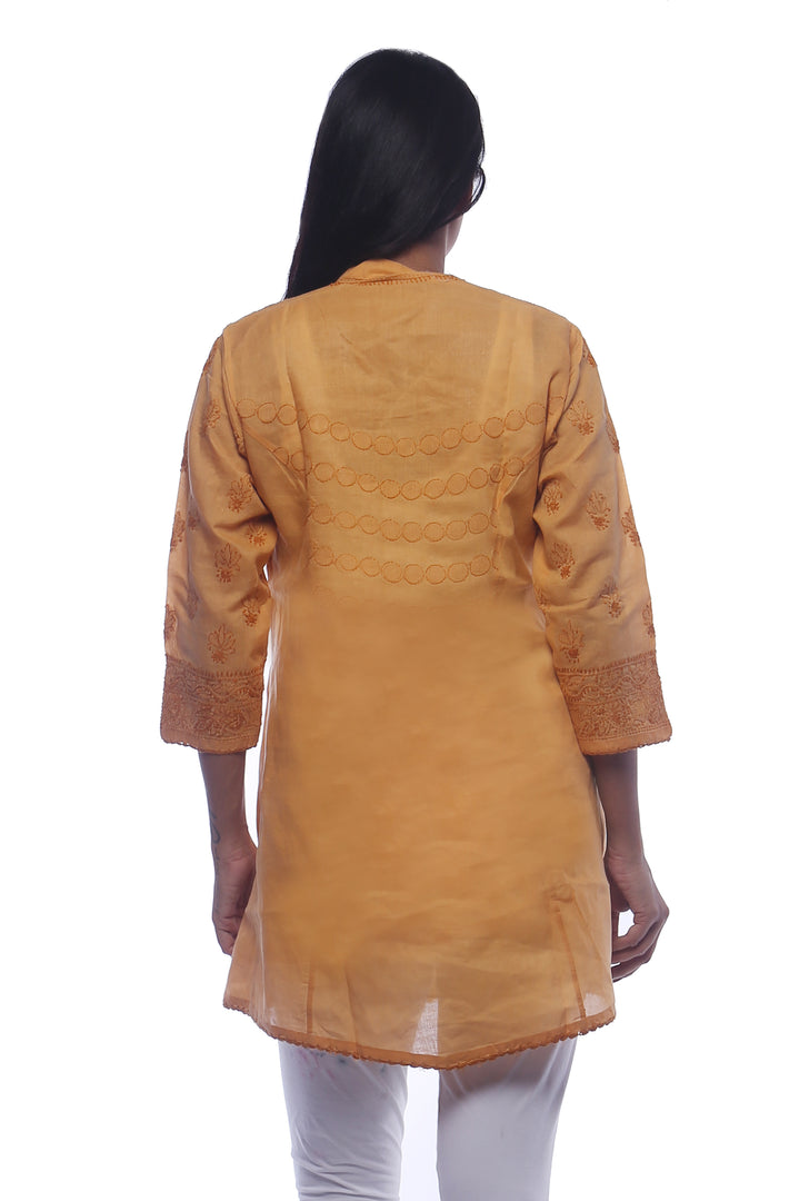 Seva Chikan Hand Embroidered Mustard Cotton Lucknowi Chikan Short Top-SCL0326
