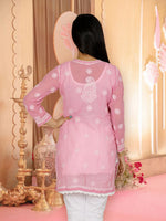 Load image into Gallery viewer, Seva Chikan Hand Embroidered Dark Pink Georgette Lucknowi Chikan Short Kurti SCL0339
